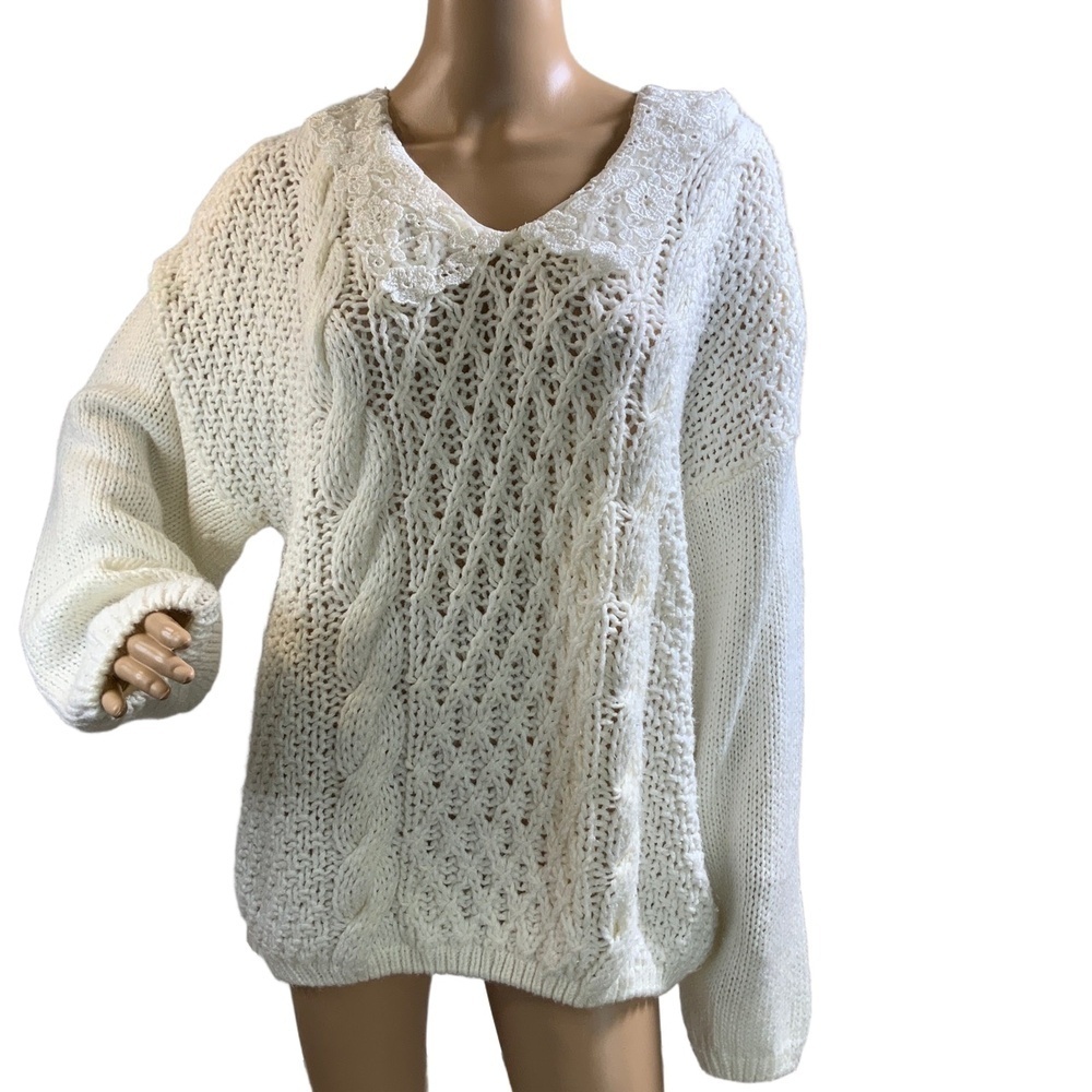 Maggie Lawrence Ivory Cable Knit Lace Trim V-Neck Sweater Size 18/20 Cottagecore